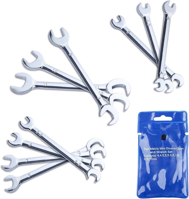 INJOYTEC Thin Open End Wrench Set Metric 10-Piece 4mm-11mm Mini Double Open End Wrench Set with Organizer Bag Premium Angle Head Open End Wrench Set Bike Wrench Set Ultra-Slim Thin Wrench Set - Image 1